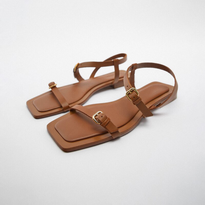 2023 Spring And Summer Sandals Brown Real Leather Sexy Bohemian Flats With Roman Sandals For Women Sandalia Feminina Shoes