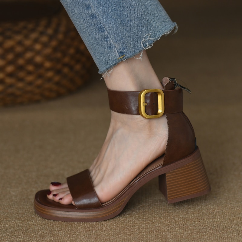 2023 Summer Shoes Fashion Leiture Design Women Comfortable Sandals Round High heels Brown Leather Retro Ladies  Size