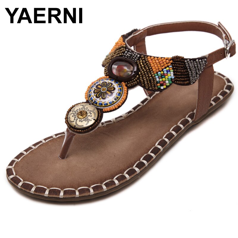 YAERNI Women Bohemia Sandals Summer Boho Flat Heel Metallic Beads Ethnic Rhinestone Bohemian Thong Soft Beach Shoes Black Brown