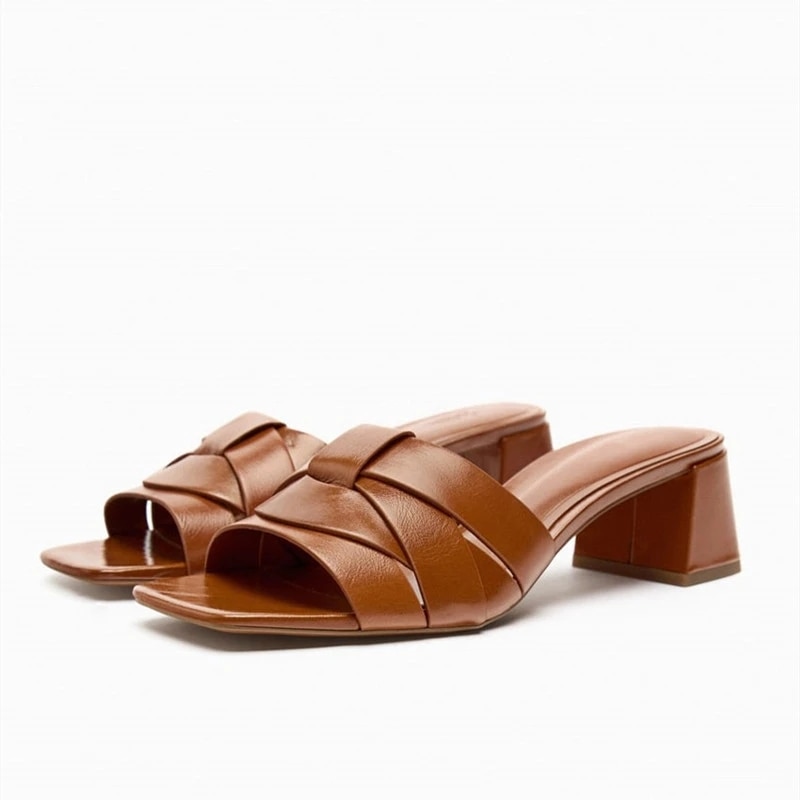 ZAZA 2023 Heeled Leather Sandals For Women Brown Summer Crossed Sandals Squared Toe Block Heel Slides Feamale Casual Heels