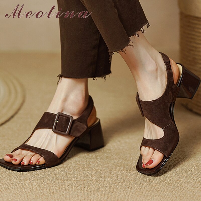 Meotina Women Genuine Leather Shoes Thick Heel Summer Buckle Sandals Square Toe Ladies Footwear 2022 Brown Beige 33-40 Kid Suede