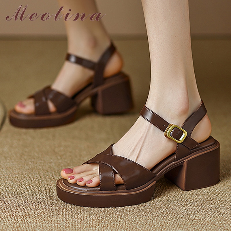 Meotina Women Genuine Leather Round Toe Platform Thick High Heel Sandals Buckle Ladies Fashion Shoes Summer Brown Beige 40