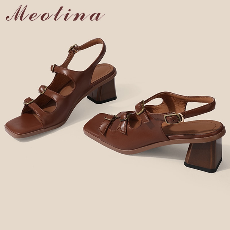 Meotina Women Genuine Leather Sandals Square Toe Chunky High Heels Buckle Concise Ladies Fashion Casual Shoes Summer Brown 40