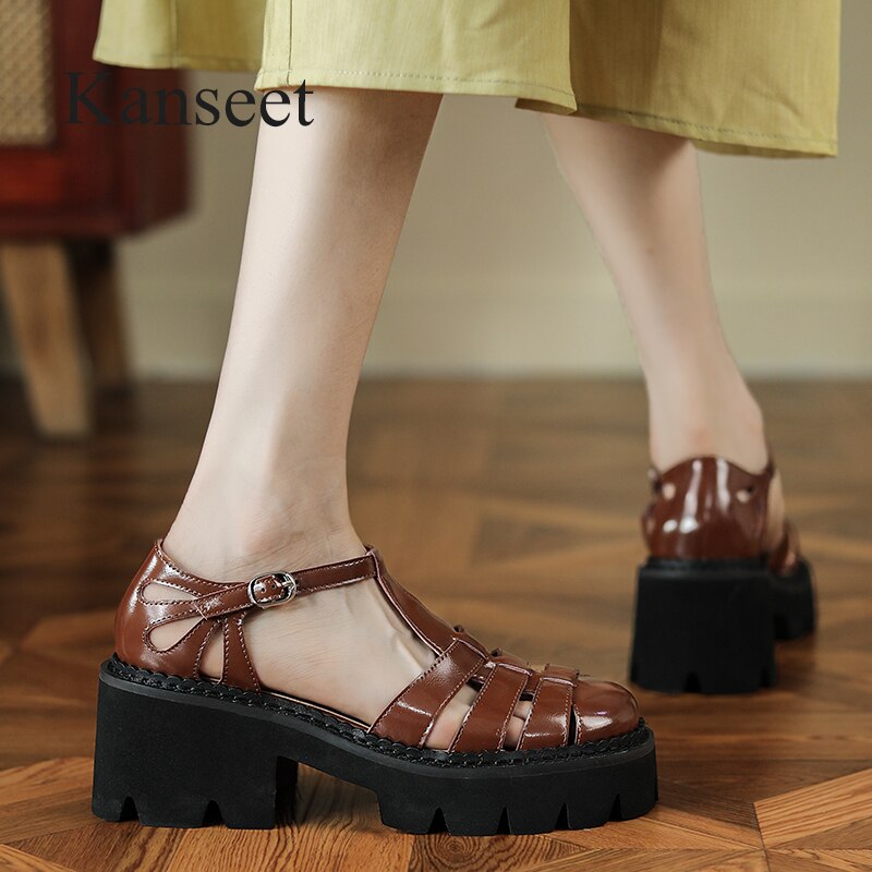 Kanseet Women Sandals Summer New Platform Shoes 2022 Fashion Roman Style Cow Leather Handmade Brown High Heels Lady Footwear 40