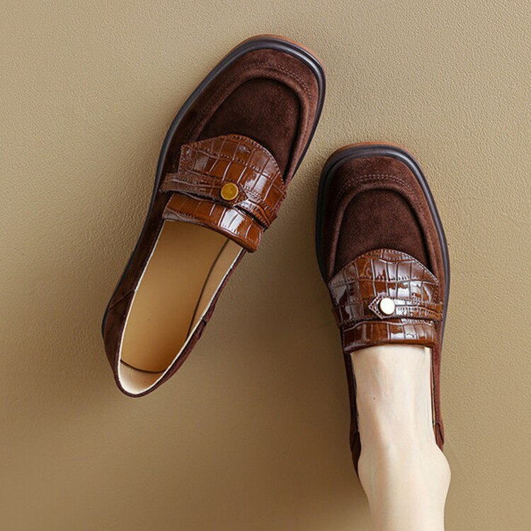 Vintage Brown Suede Women Shallow Flats Slip On Casual Oxford Loafers Cow Leather Mixed Platform Zapatillas Femmes Creepers
