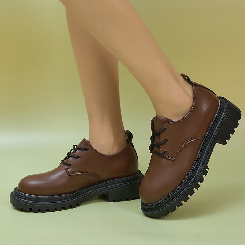 Lucyever Classic Lace Up Flats Women 2023 Spring Pu Leather Casual Platform Shoes Woman Brown Black Thick Heeled Loafers Ladies