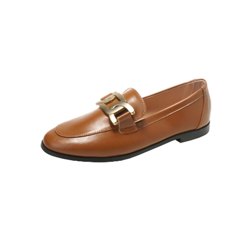 Women Oil Leather Flats Brand Lock Stud Rivets Moccasin Shoes Khaki Brown Round ToE Sewing Winter Spring Loafers Wide Fits 43-34