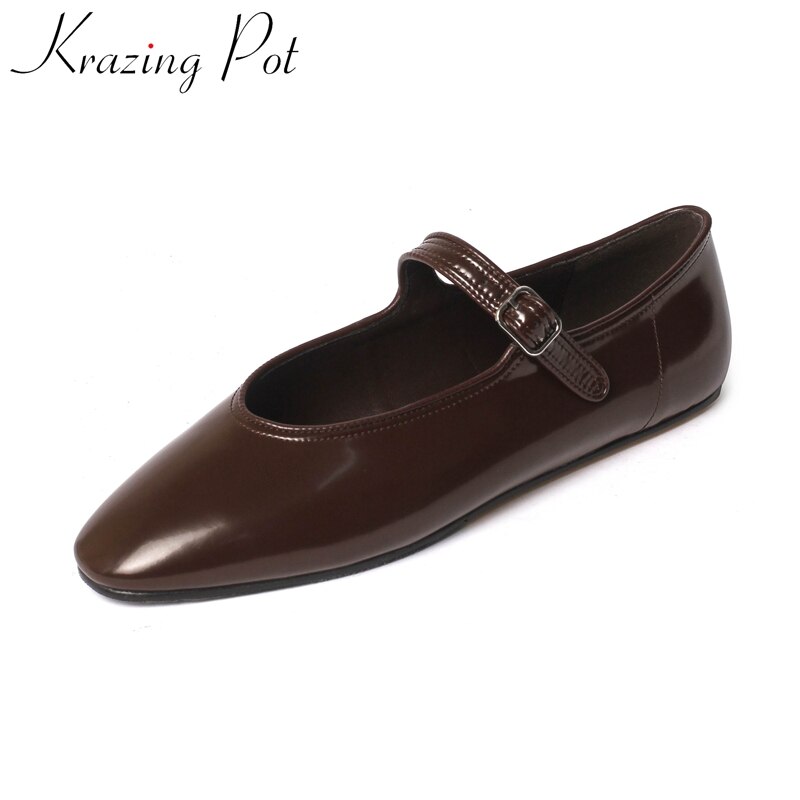 Krazing Pot Summer Bright Sheep Leather Ballet Dancer Round Toe Brown Color Modern Dating Buckle Straps Mary Janes Women Flats