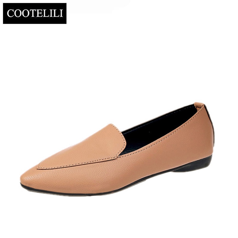 COOTELILI Women Flats Shoes Loafers Leather Fashion Shoes Black Brown Slip on Pointed Toe women shoes