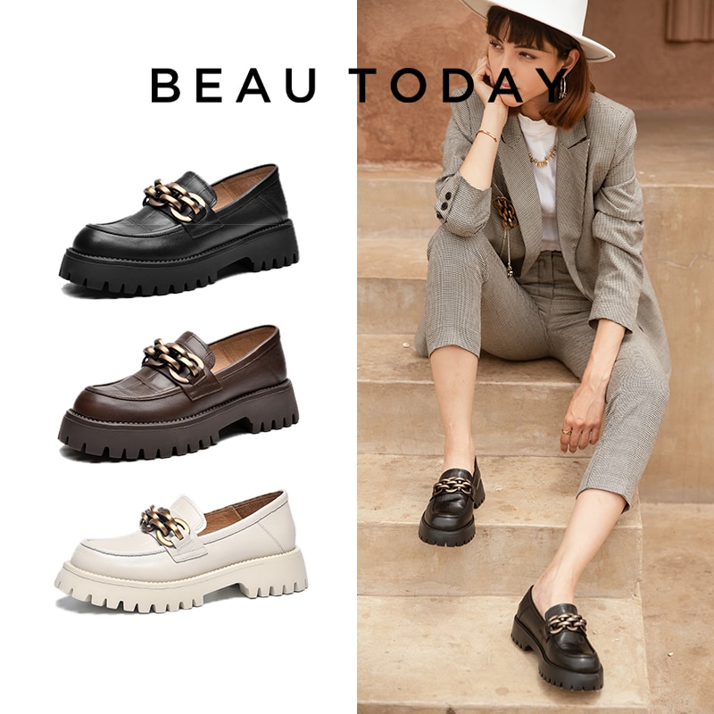 BeauToday Chunky Loafers Women Genuine Cow Leather Platform Shoes Round Toe Metal Chain Slip on Ladies Flats Handmade 27748