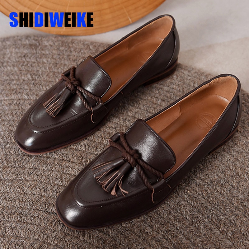 SDWK Retro British Style Square Head Women's Loafers Shoes Spring Summer Style Tassel Comfortable Single Shoes Women Brown Shoes