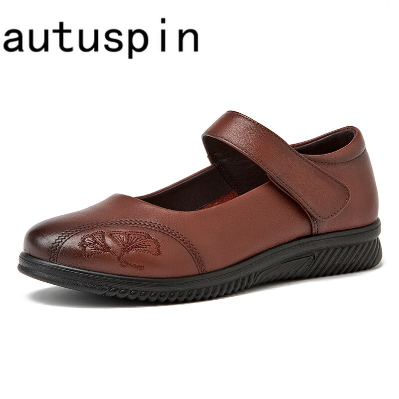 AUTUSPIN Women Genuine Leather Flats Round Toe Retro Mary Janes Shoes Ethnic Style Female Casual Daily Working Loafers Brown
