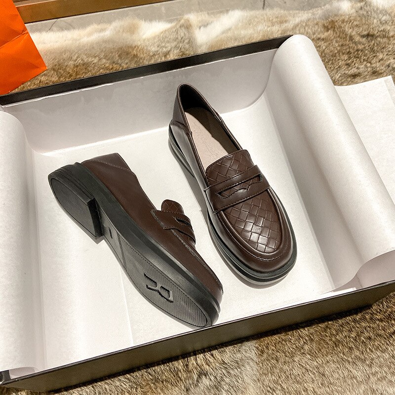 Brown Leather Loafers Shoes Women Comfortable Slip on College Students Girls Flat Shoes Casual Thick Sole Platform Spring Flats