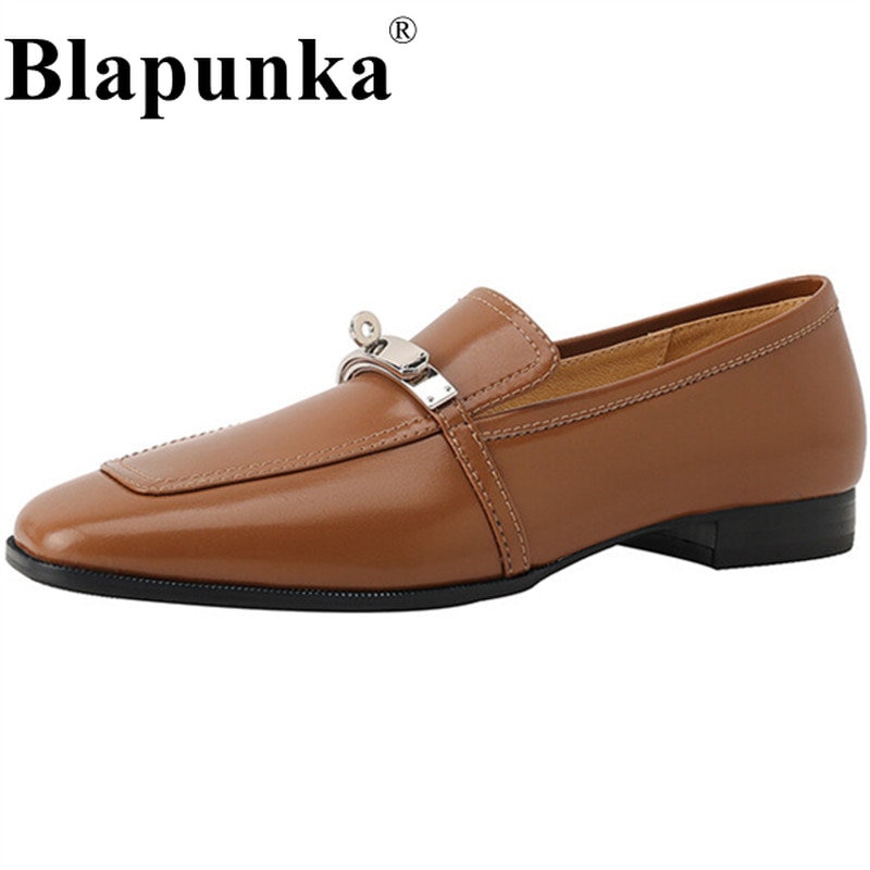 Blapunka Designer Shark Lock Shoes Women Real Genuine Leather Loafers Black Brown Slip-on Casual Flats Ladies Beige Loafer 33-41