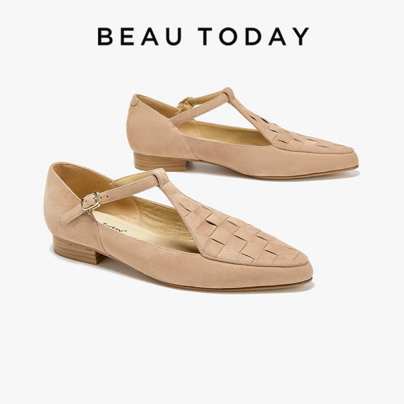 BeauToday Mary Janes Women Sheepskin Checkered Pointed Toe T-strap Flats Buckle Strap Leisure Spring Ladies Shoes Handmade 28303