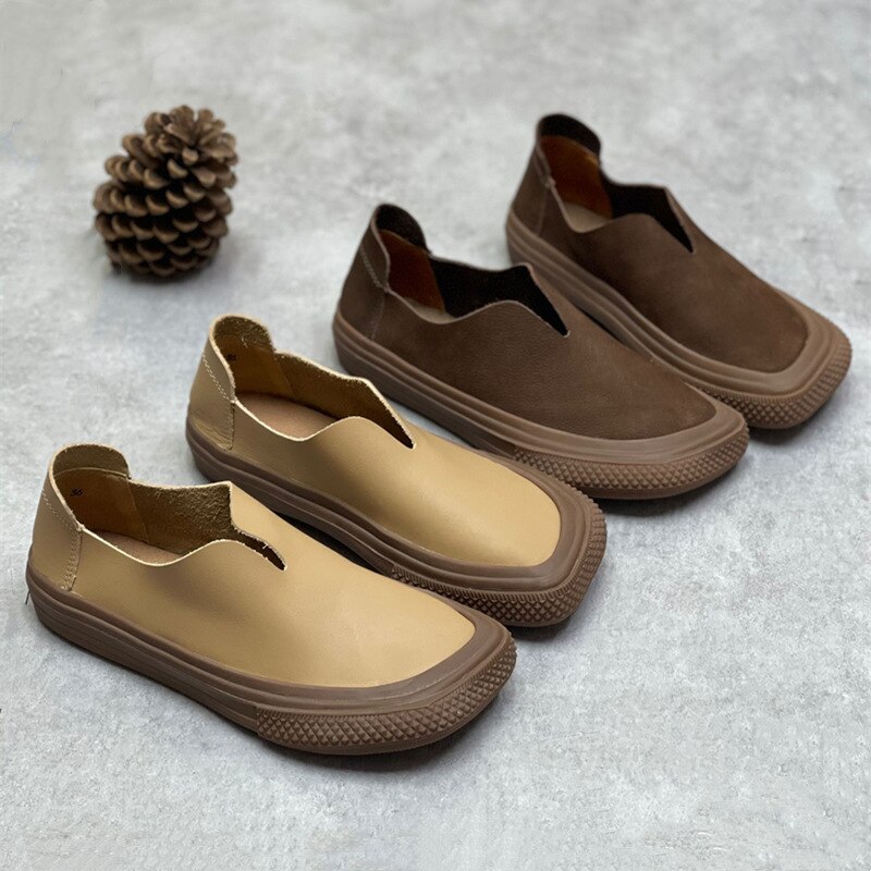 Retro Nostalgic Simple Cowhide Flat Loafers Spring and Autumn Leather Women Shoes Brown Field Homeless Shoes