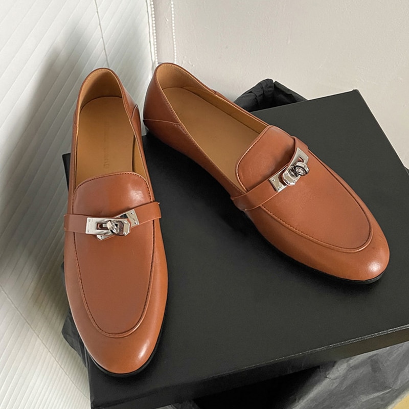 Brown Metal Buckle Flat Leather Shoes Black Slip-On Closed Round Toe Chunky Heel Loafers Leisure Luxury Shoes for Women 2023