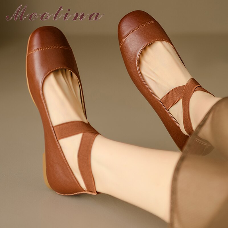 Meotina Women Genuine Leather Flats Square Toe Cross Strap Concise Ladies Fashion Casual Shoes Spring Autumn Brown Beige 43