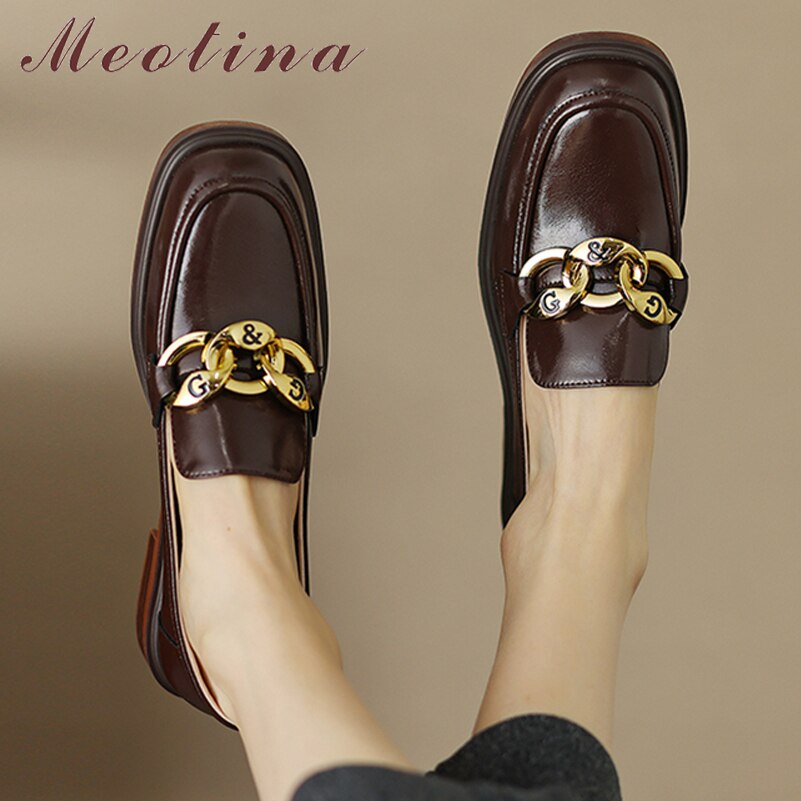Meotina Women Genuine Leather Loafers Round Toe Flat Shoes Chain Fashion Ladies Casual Footwear Autumn Spring Black Brown