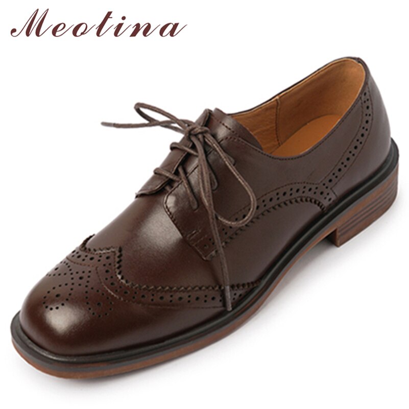 Meotina Women Loafers Shoes Genuine Leather Flat Shoes Square Toe Lace Up Ladies Footwear Spring Autumn Brown Oxfords Shoes