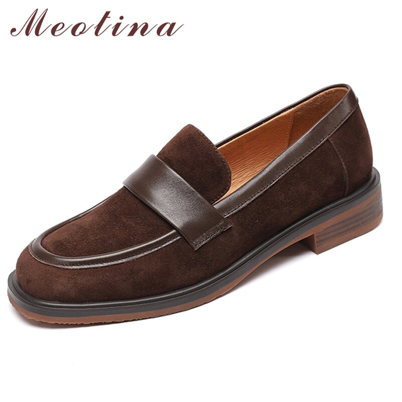 Meotina Genuine Leather Flat Loafers Shoes Women Kid Suede Shoes Round Toe Causal Ladies Footwear 2022 Spring Autumn Brown Black