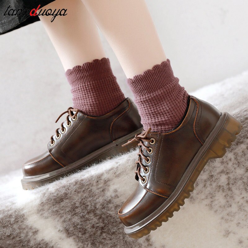 Black Brown Vintage Flats Shoes Women Comfortable Leather Platform shoes Oxfords Loafers Casual Boat Shoes students shoes
