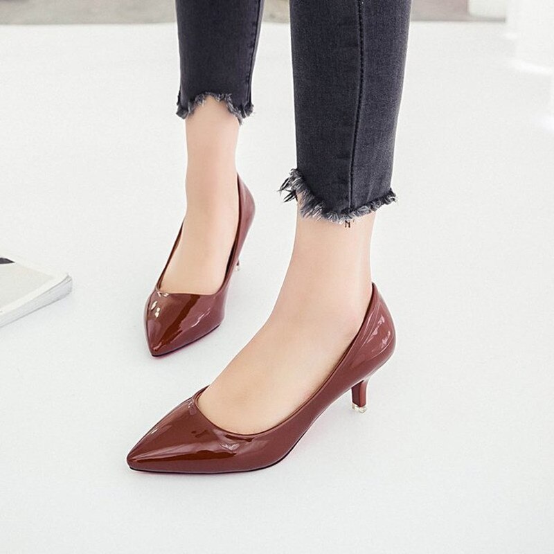 Lady Low Pricing Shiny Patent Leather 5cm Med Heels Pumps Pointy Toe Stilettos For Narrow Foot 34-42 26cm Brown Green OL Slip-On