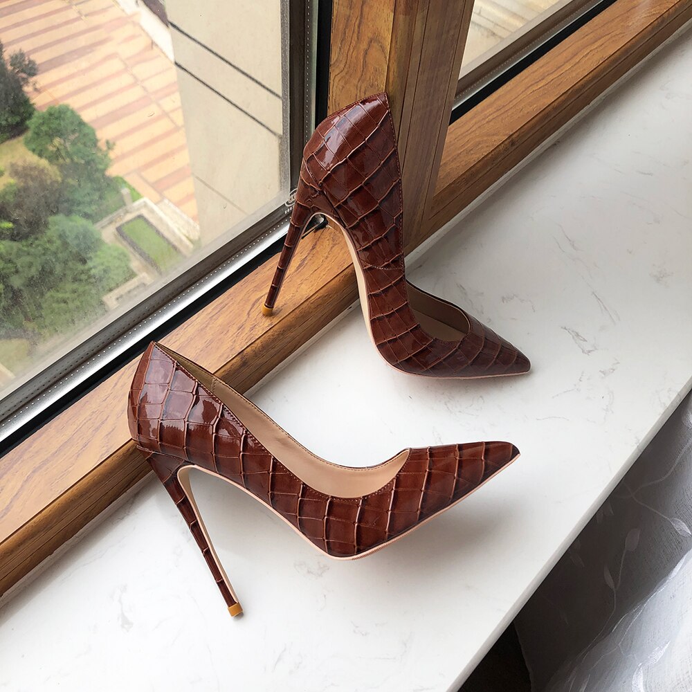 Tikicup Coffee Brown Crocodile Effect Women Pointy Toe High Heel Party Shoes Soft Comfortable Sexy Stiletto Pumps Plus Size Tikicup Coffee Brown Crocodile Effect Women Pointy Toe High Heel Party Shoes Soft Comfortable Sexy Stiletto Pumps Plus Size