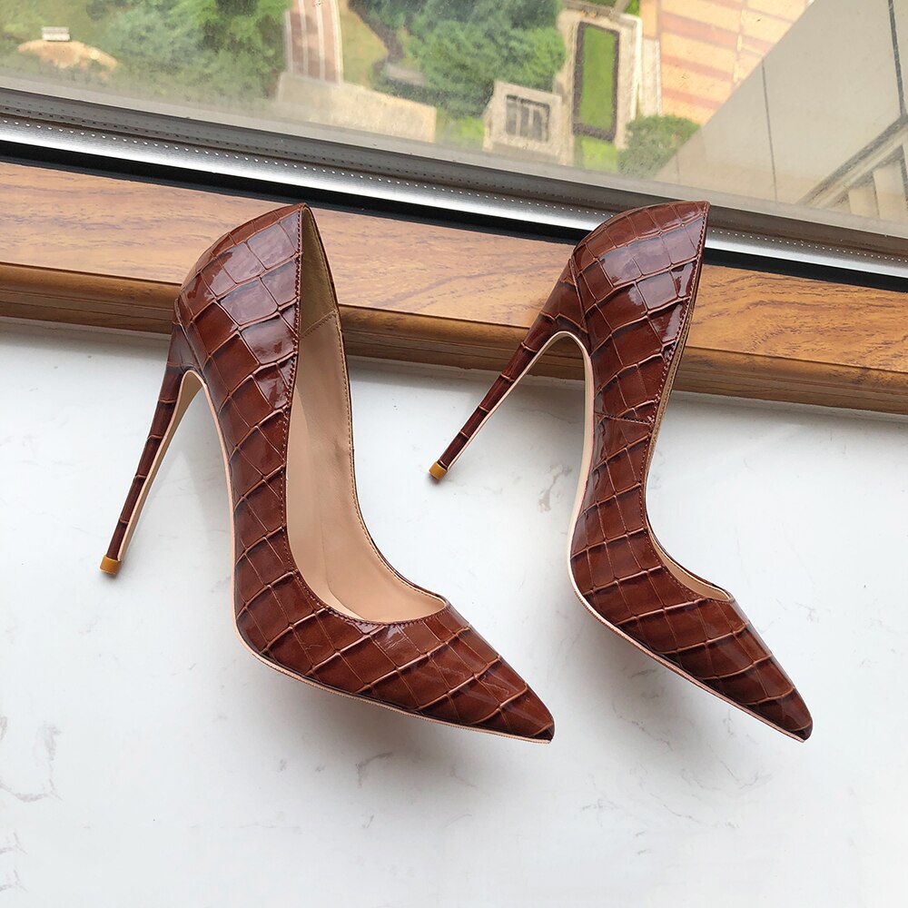 Tikicup Coffee Brown Crocodile Effect Women Pointy Toe High Heel Party Shoes Soft Comfortable Sexy Stiletto Pumps Plus Size Tikicup Coffee Brown Crocodile Effect Women Pointy Toe High Heel Party Shoes Soft Comfortable Sexy Stiletto Pumps Plus Size