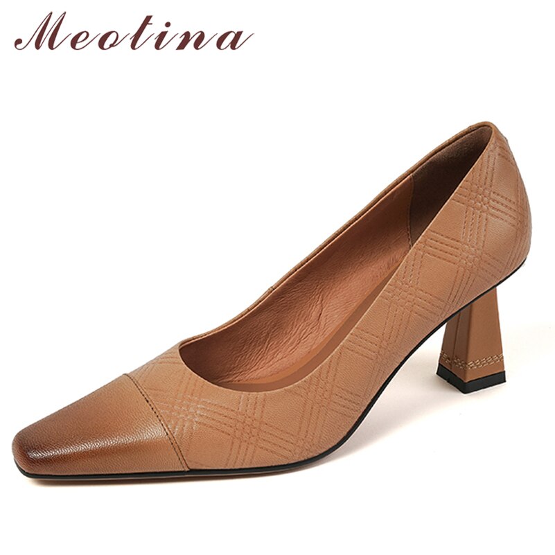 Meotina Genuine Leather Women Shoes SheepSkin Thick Heels Pumps Square Toe High Heel Ladies Footwear 2022 Spring Autumn Brown