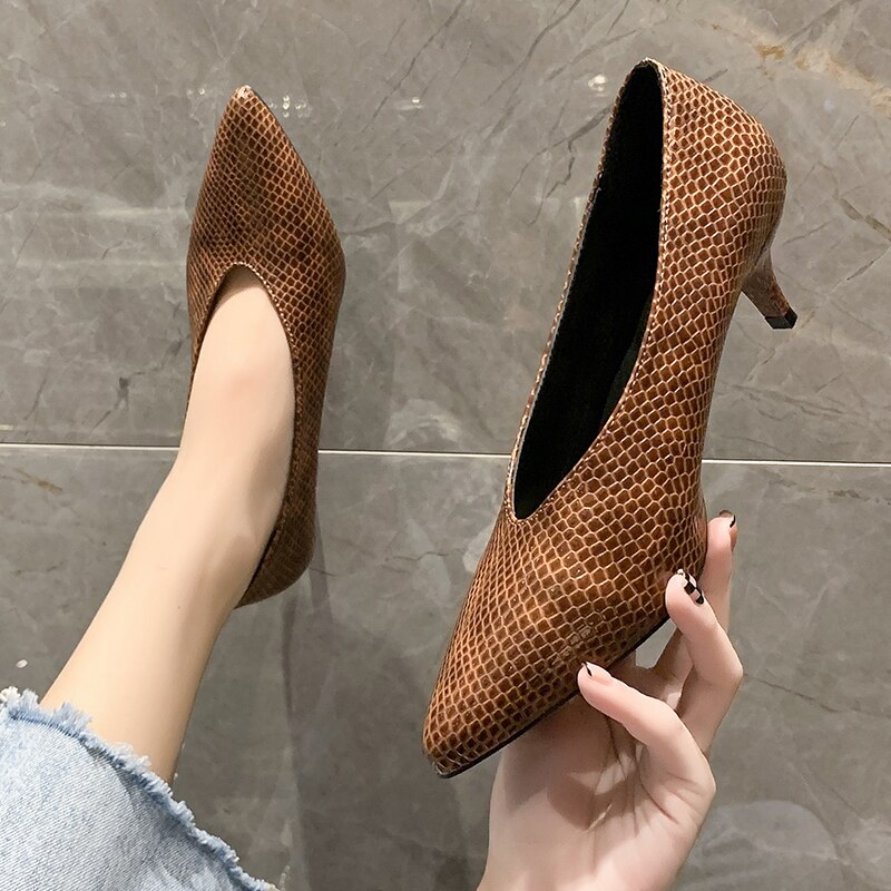 Rimocy Brown Vintage Pointed Toe Thin Heel Pumps Women Plus Size V-shape Thick High Heels Shoes Woman Light Slip on Party Shoes