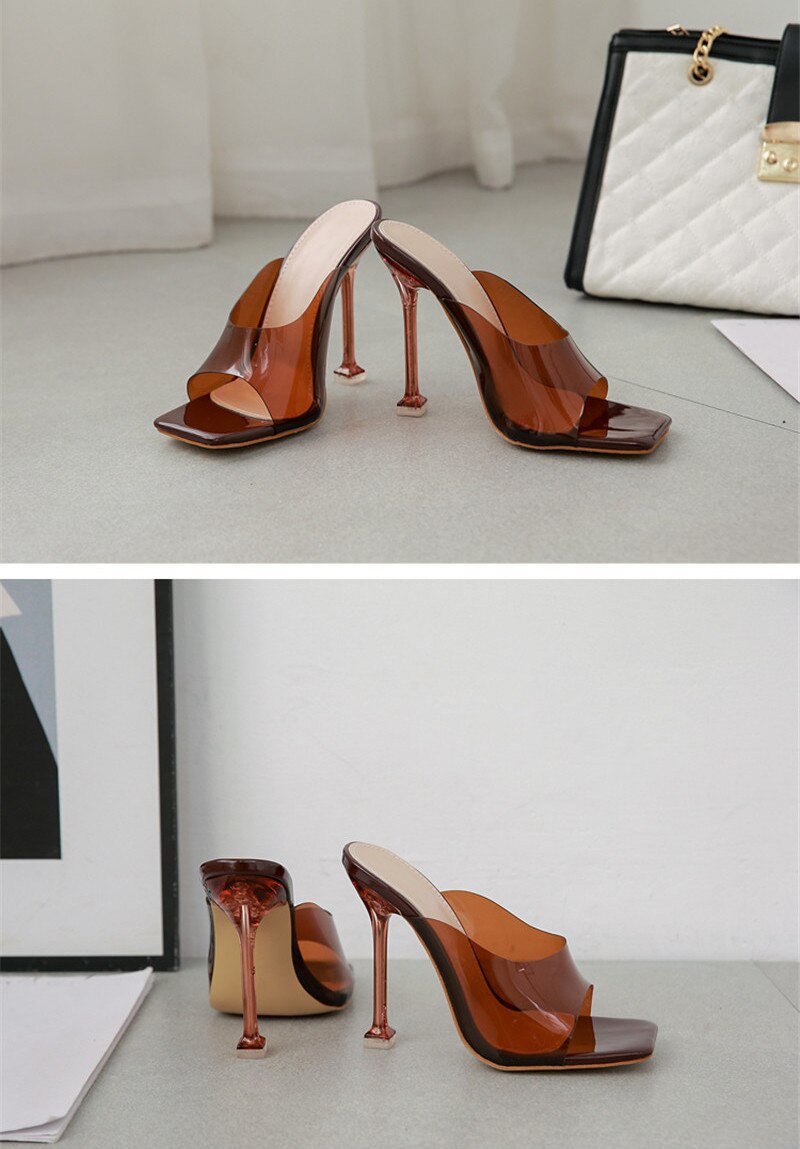 Eilyken New Brand Fashion Square Toe Slippers Women Summer Brown PVC Transparent Jelly Sandals Crystal Perspex Heels Pumps Eilyken New Brand Fashion Square Toe Slippers Women Summer Brown PVC Transparent Jelly Sandals Crystal Perspex Heels Pumps