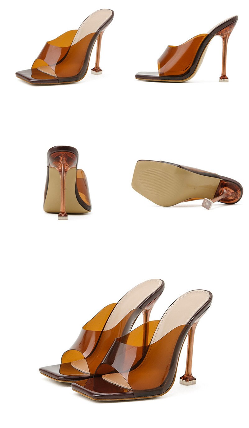 Eilyken New Brand Fashion Square Toe Slippers Women Summer Brown PVC Transparent Jelly Sandals Crystal Perspex Heels Pumps Eilyken New Brand Fashion Square Toe Slippers Women Summer Brown PVC Transparent Jelly Sandals Crystal Perspex Heels Pumps