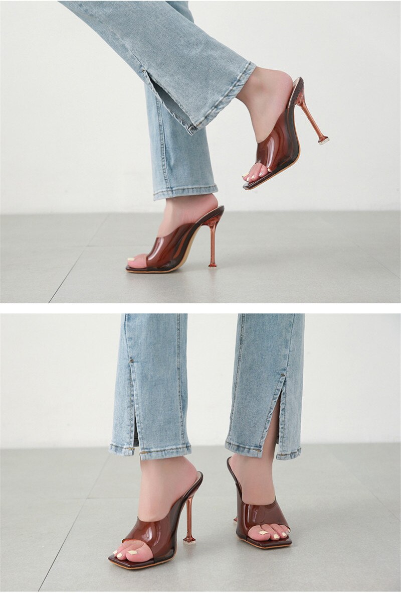 Eilyken New Brand Fashion Square Toe Slippers Women Summer Brown PVC Transparent Jelly Sandals Crystal Perspex Heels Pumps Eilyken New Brand Fashion Square Toe Slippers Women Summer Brown PVC Transparent Jelly Sandals Crystal Perspex Heels Pumps