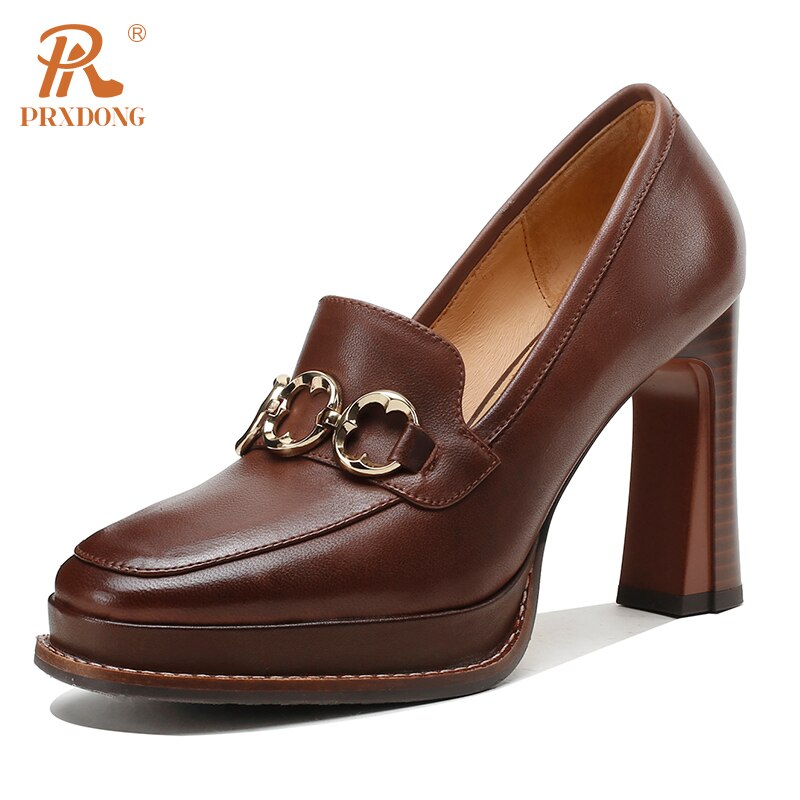 PRXDONG Women's Spring Summer Shoes Genuine Cow Leather High Heels Platform Black Brown Dress Party Office Lady Pumps Size 34-39