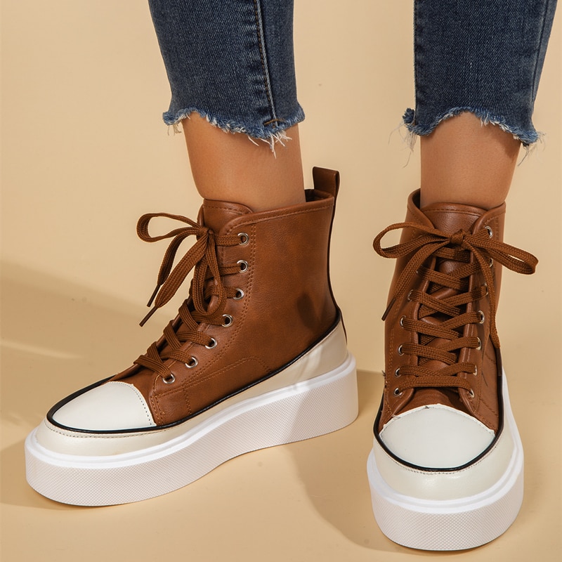 Platform Women's Vulcanized Shoes 2023 Autumn New Fashion Casual Sneakers High Top Canvas Shoes Brown PU Leather Lace-Up Boots