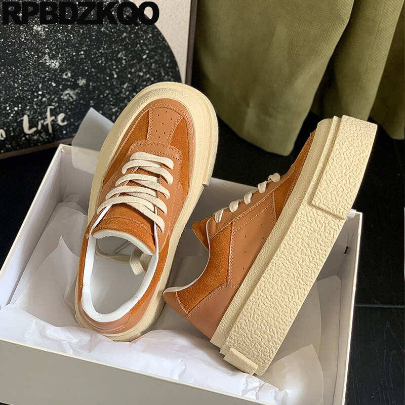 Brown Creepers Women Real Leather Muffin Athletic Patchwork Sport Platform Flatforms Cow Lace Up Sneakers Nubuck Trainers Shoes