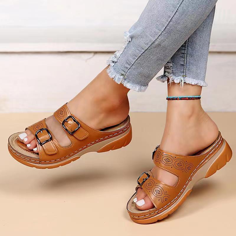 Fashion Double Buckle Wedge Slippers Women Summer 2023 Brown PU Leather Platform Sandals Woman Casual Non Slip Beach Flip Flops