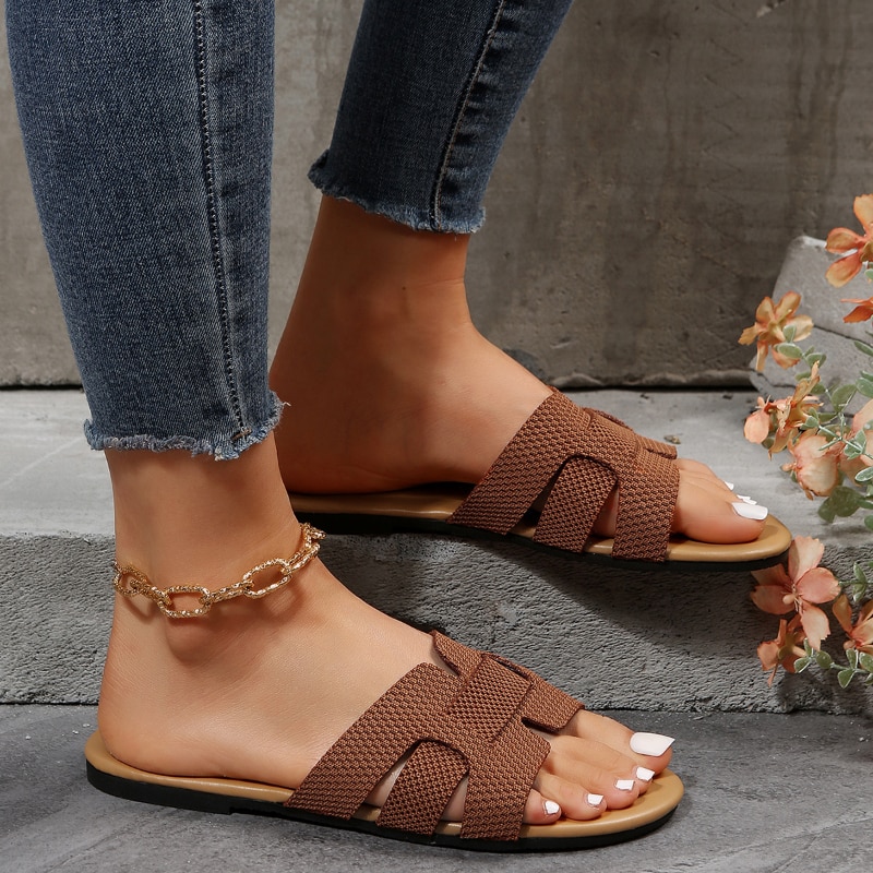 Summer New Woman Slippers Flat Luxury Mesh Beach Flip Flops Female Sandals Trend Brand Designer Slides Brown Shoes Plus Size 42